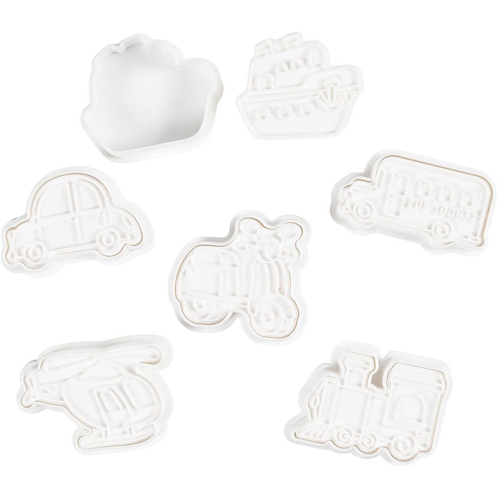 Creativ company cortadores de galletas con sello, transporte, tamaño 3,5-5,5 cm, blanco, 6 piezas 1 caja
