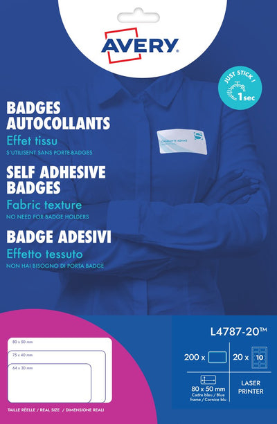 Avery badge label 50x80mm np 20 sheets 10 labels per sheet white blue