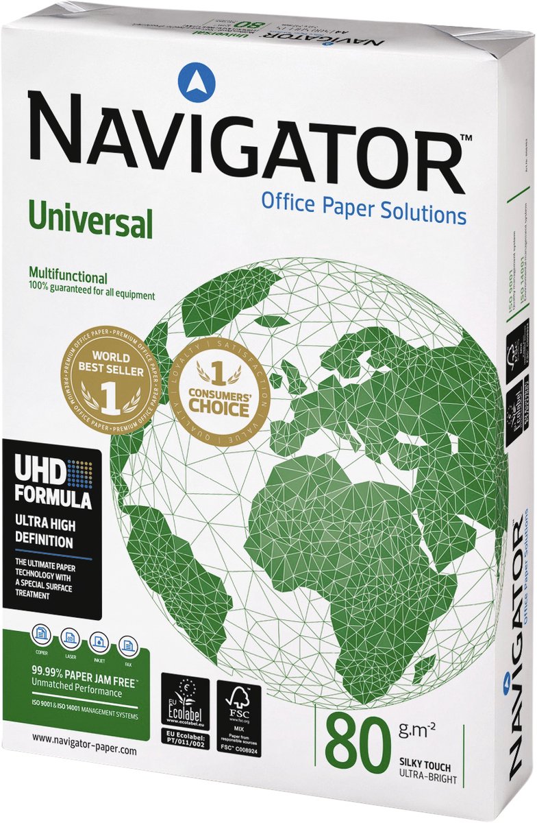 Papel copia Navigator universal a4 80 gramos 1 caja con 5 paquetes de 500 hojas