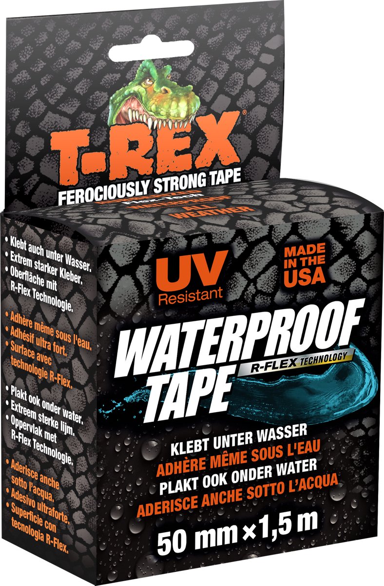 Kip t-rex waterproof - extra sterke waterdichte ducttape | weerbestendige zelfklevende afdichtingstape voor zwembaden, waterleidingen en huishoudelijk gebruik - hecht ook onder water | zwarte ducttape 50 mm x 1,5 m