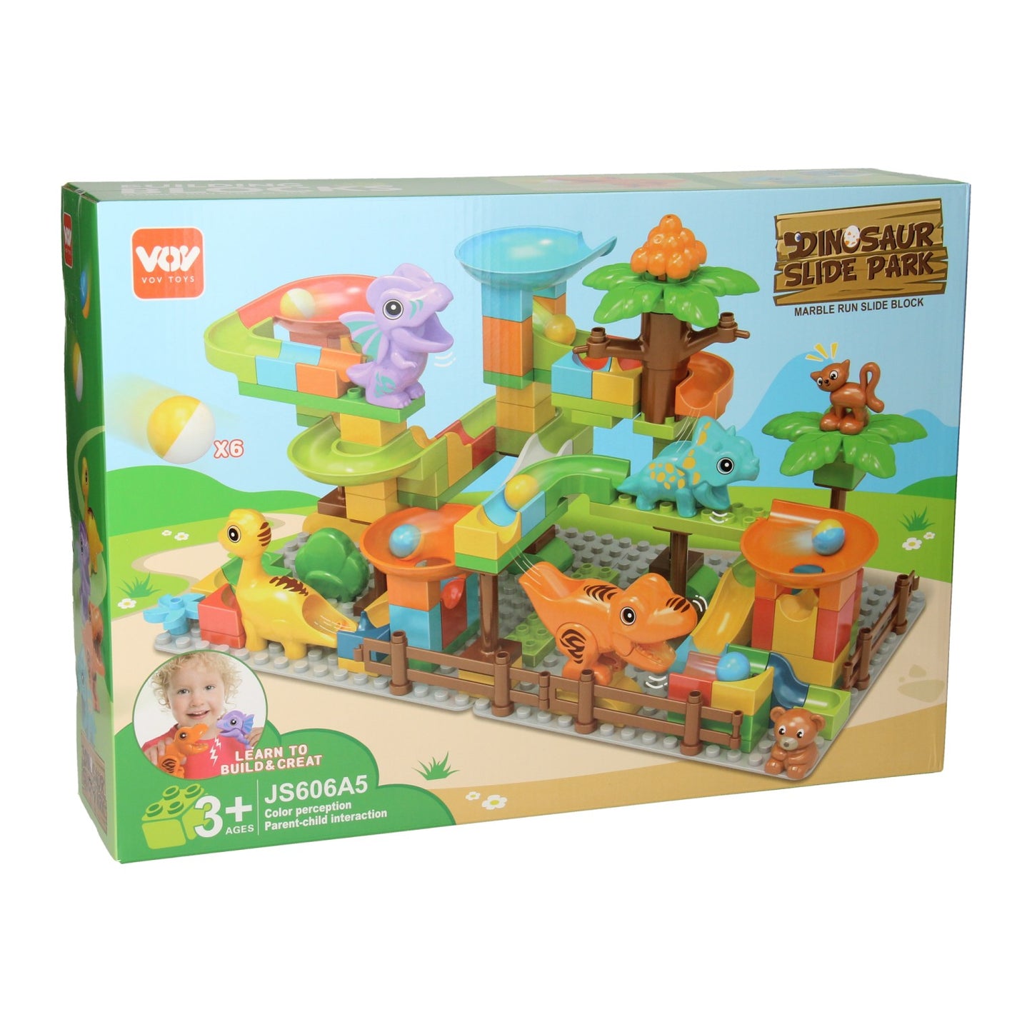 Set da costruzione con blocchi e pista per biglie Dino