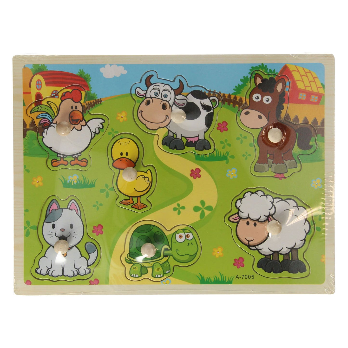 Puzzle de madera con animales de granja, 7 piezas.