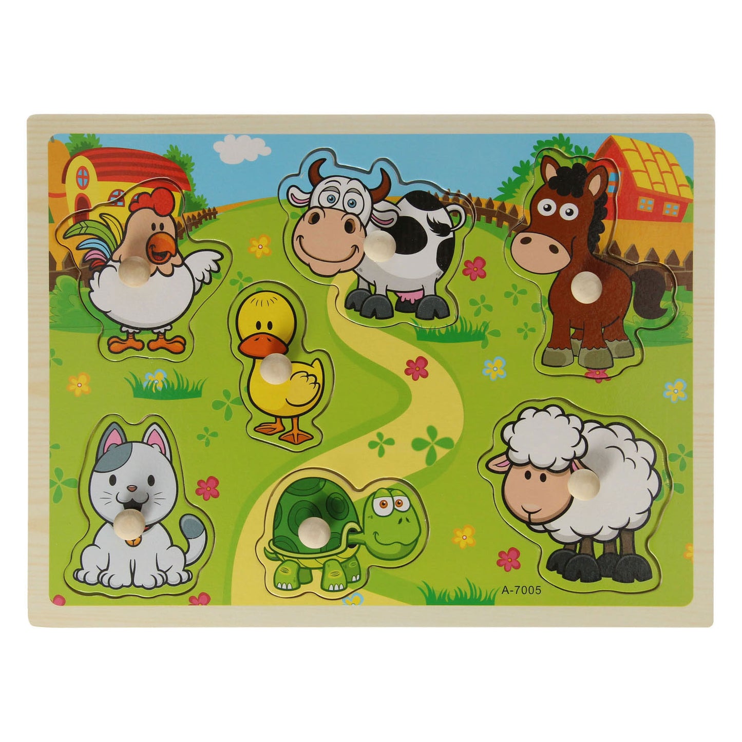 Puzzle de madera con animales de granja, 7 piezas.