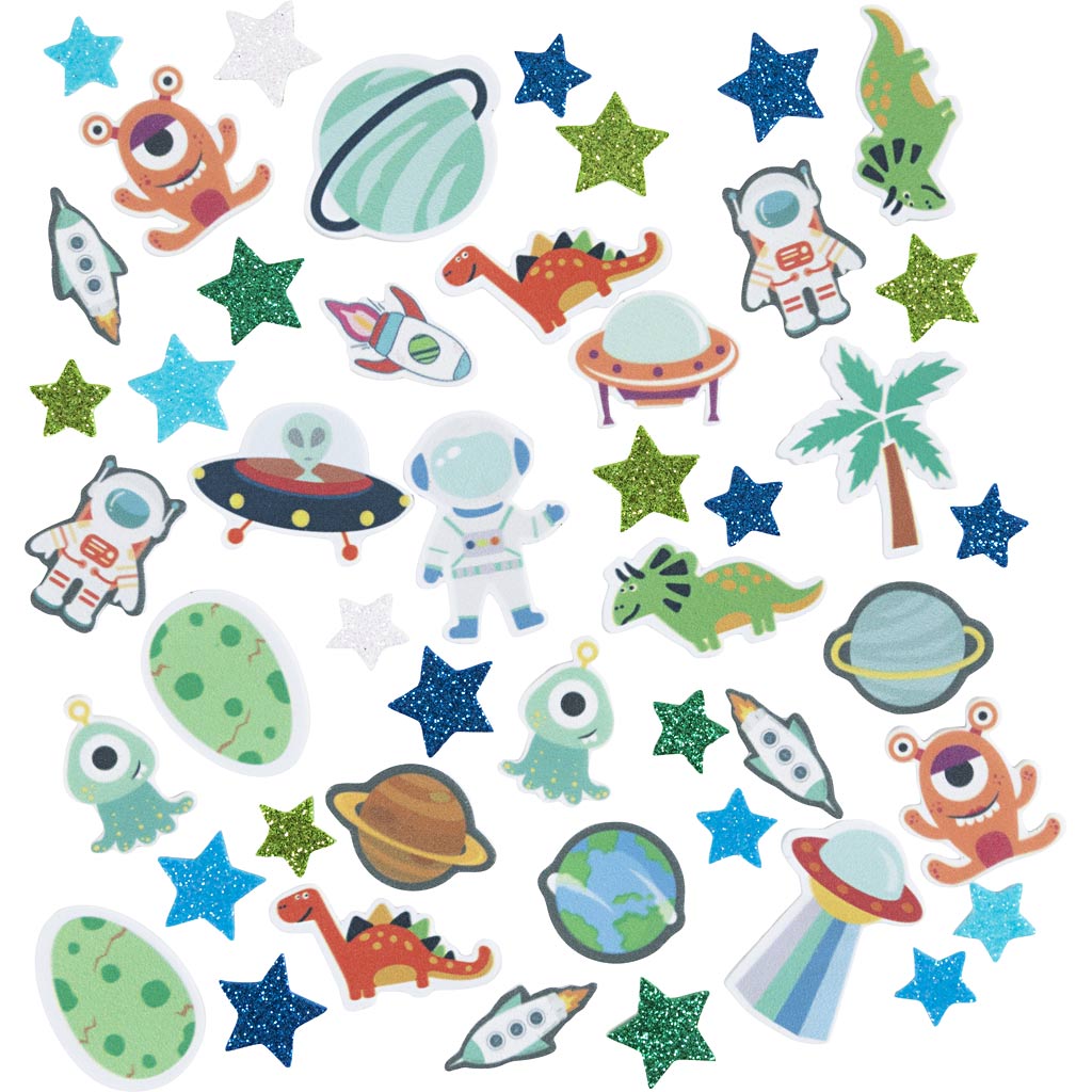 Creativ company pegatinas de espuma, estrella, OVNI, dinosaurio, autoadhesivas, tamaño 13-40 mm, armonía azul gris, 150 piezas 1 caja