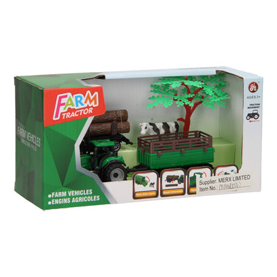 Trattore con rimorchio, tronchi e mucca