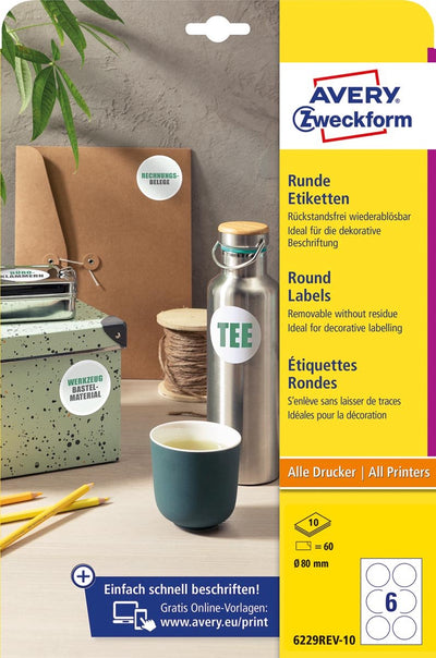 Avery zweckform round labels | diameter 80 mm | white | removable | 60 labels | 10 sheets
