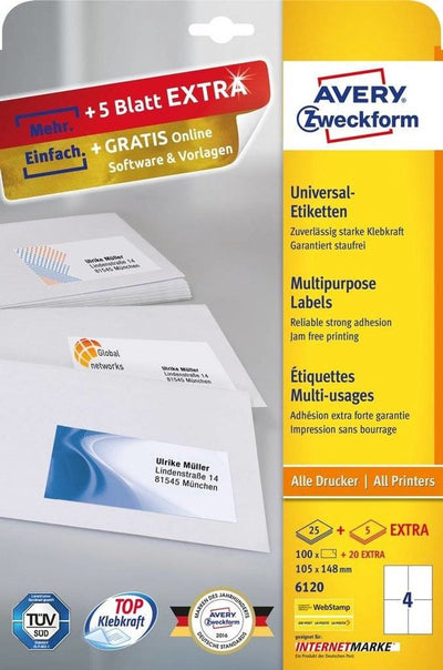 Avery zweckform 6120 - etichette - bianco - a6 (105 x 148 mm) - 100 etichetta(e) (6120)