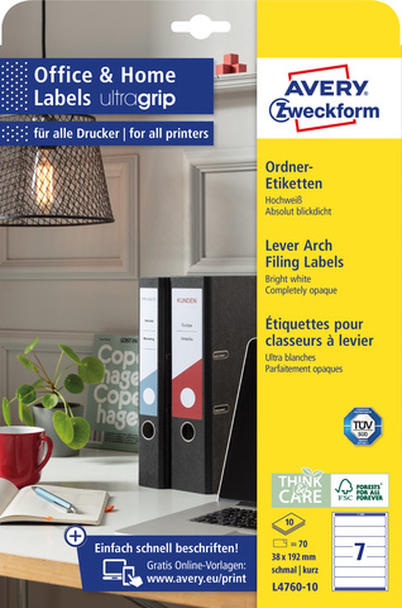 Ordnerrugetiket zweckform 38x192mm wit perm. 70 etik. 10 vel