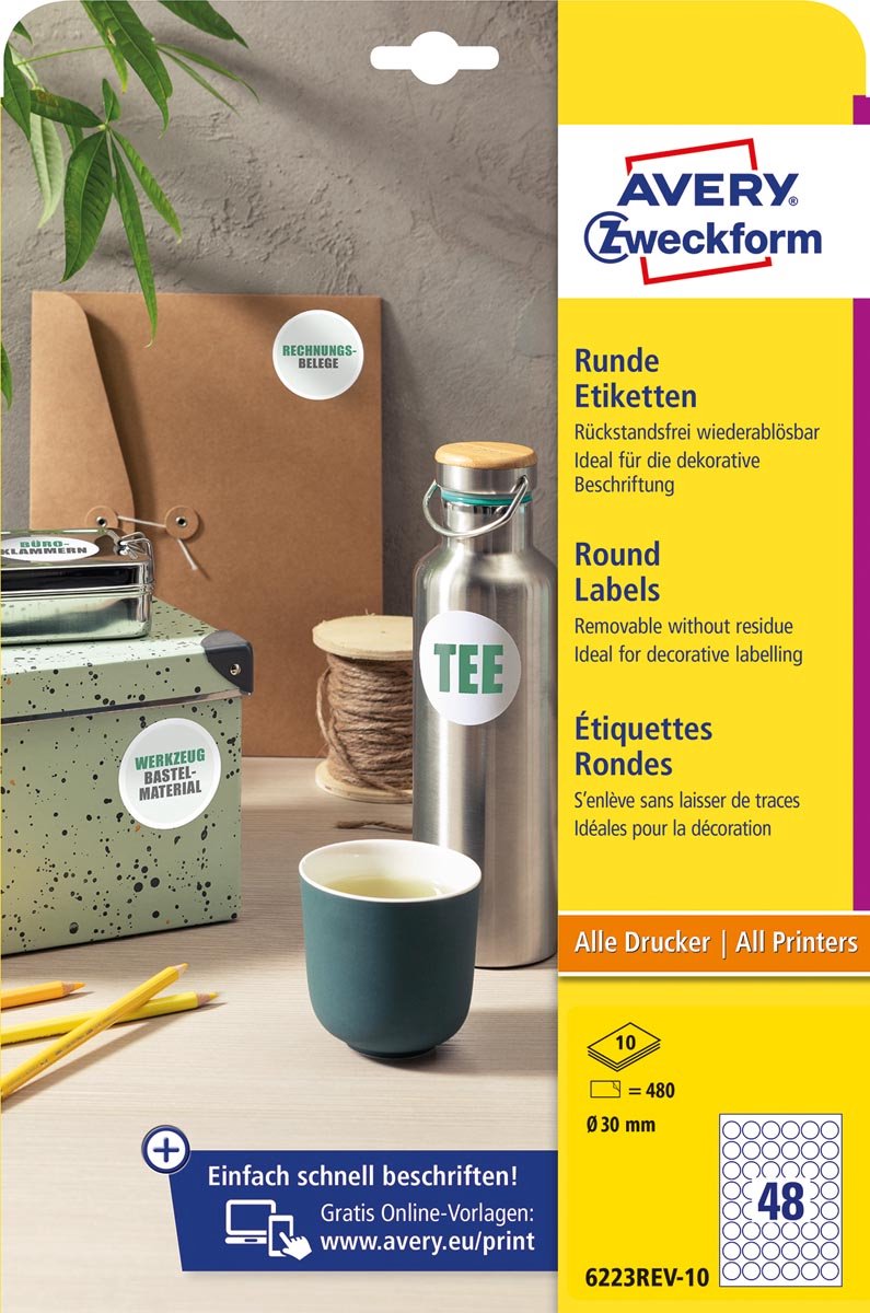 Avery zweckform ronde etiketten | diameter 30 mm | wit | afneembaar | 480 etiketten | 10 vellen