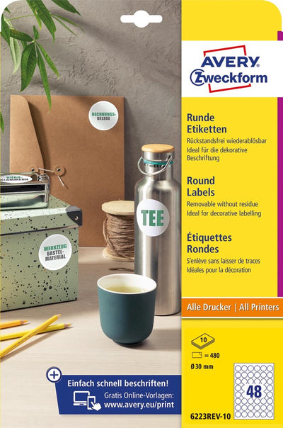 Avery zweckform round labels | diameter 30 mm | white | removable | 480 labels | 10 sheets