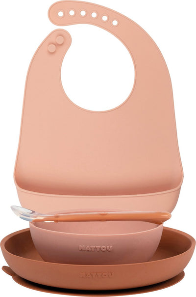 Nattou silicone 4-piece tableware set with bavet for children - plate + bowl + spoon - pink