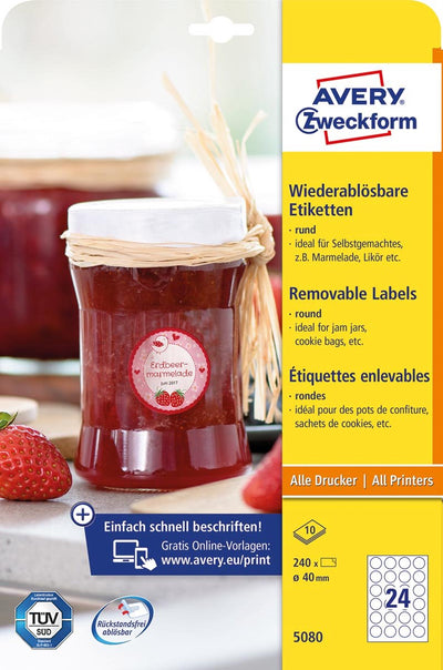 Avery zweckform avery-zweckform 5080 universele etiketten ø 40 mm papier wit 1 set(s) weer verwijderbaar inkjet, laser (zwart wit), las