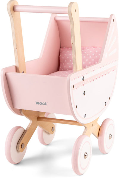 Carrozzina per bambole in legno Woet ® - incluso piumone - carrozzina giocattolo rosa - altezza di spinta 50 cm - accessorio per bambole per giochi di ruolo - da 3 anni