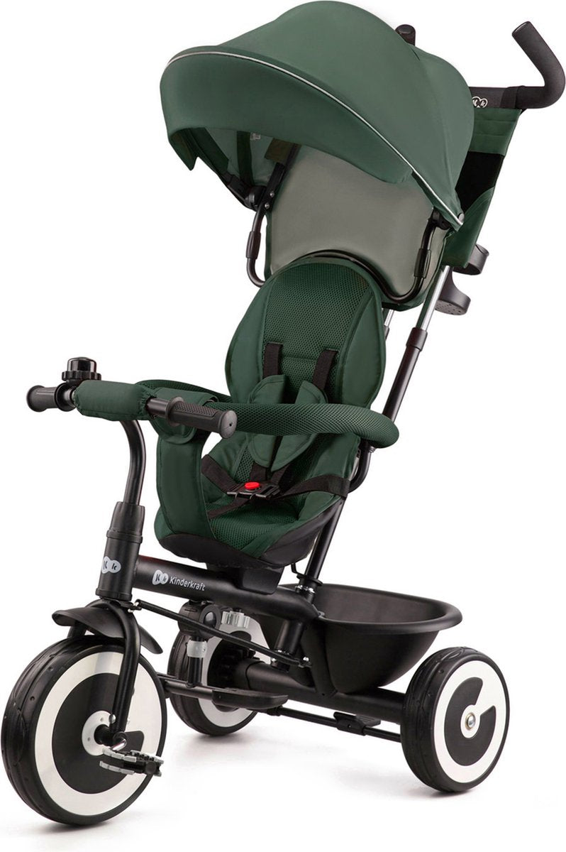 Triciclo Kinderkraft Aston - da 9 mesi a 5 anni - sedile girevole, barra di spinta regolabile, ruote antiforatura e cinture di sicurezza - verde