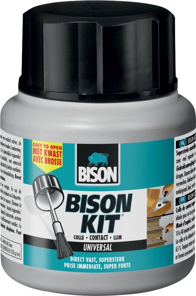 Bison kit® con pennello flacone da 125 ml, super forte, adesivo a contatto, ripara, resistente a temperature da -40°C a +70°C.
