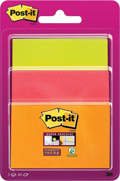 Post-it® super sticky notes, colored, various sizes 1 block: 47.6mm x 76 mm 1 block: 76mm x 76 mm 1 block: 76mm x 101 mm, neon orange, neon pink, neon green, 3 blocks