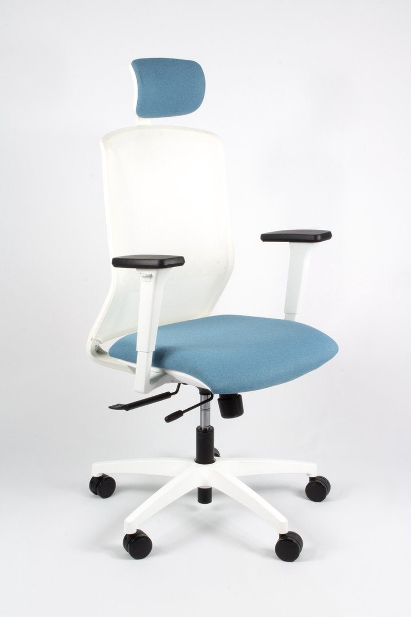 Linea tekna white 01 pt - sedia da ufficio - ergonomica en1335 - con poggiatesta - multiregolabile - bianco blu