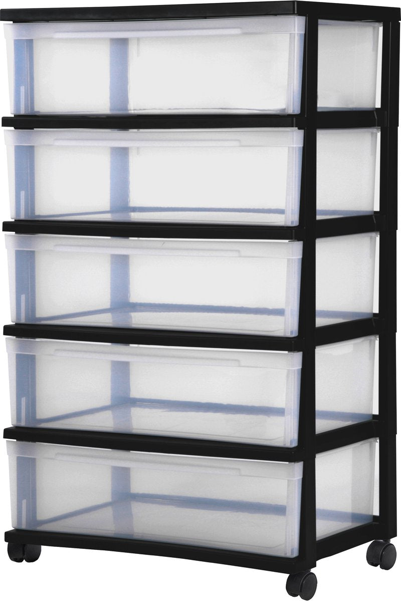 Nuovo sistema di cassettiere Iris Wide - 5 cassetti x 30 l - plastica - nero trasparente - con ruote