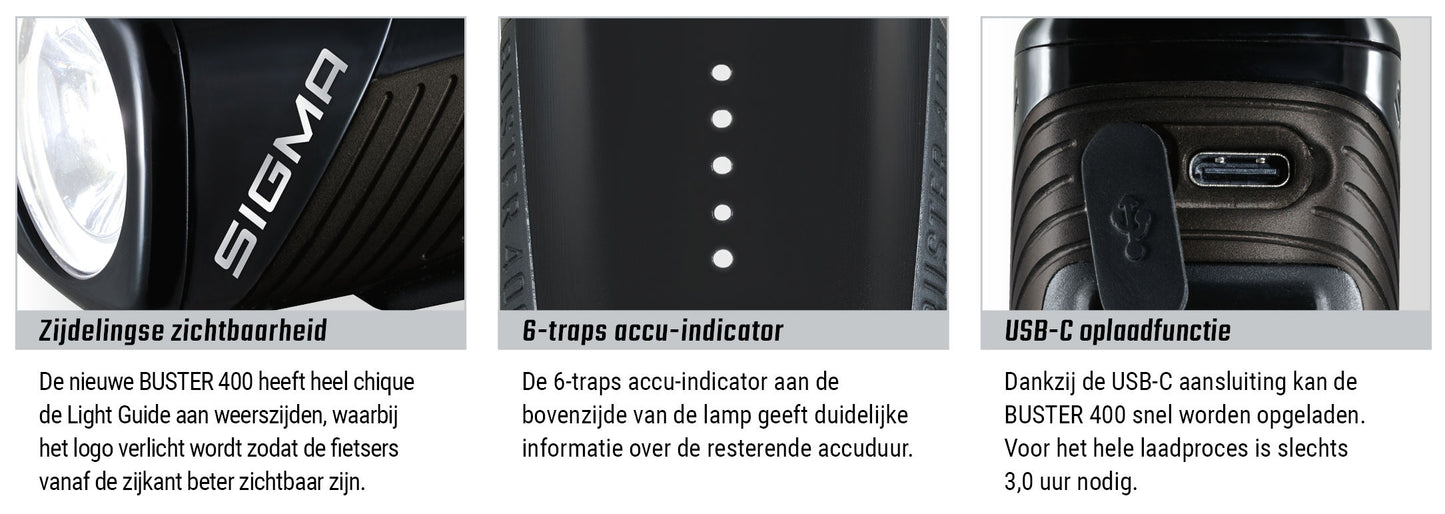 Sigma Headlight Buster 400 LED Li-ion Battery USB