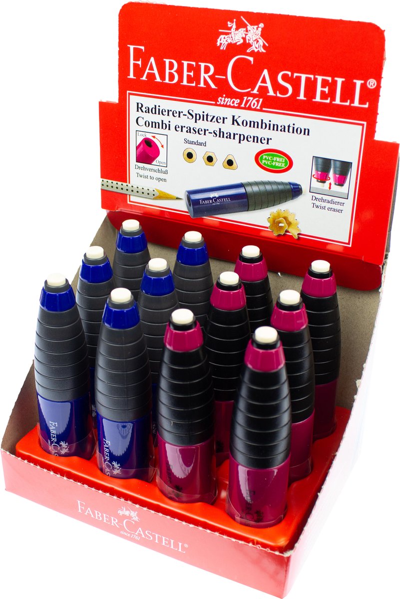 Faber-castell temperamatite + gomma - rosso blu - espositore - 12 pezzi - fc-184401