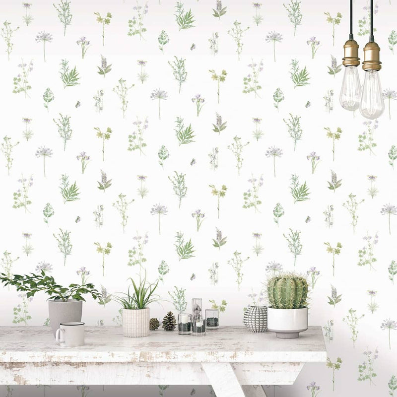 Noordwand behang evergreen herbs and flowers wit