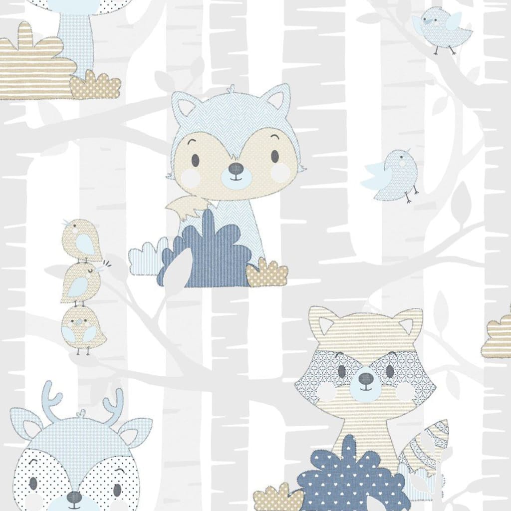 Wallpaper North Wall Wallpaper Baby Forest Animals bianco e blu
