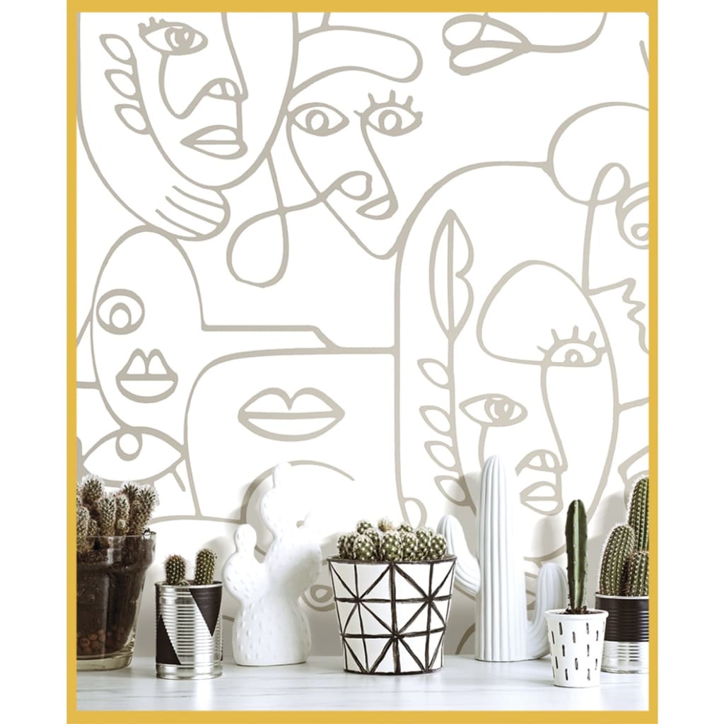 Noordwand Wallpaper Noordwand Friends Coffee Line Art Faces White and Metallic