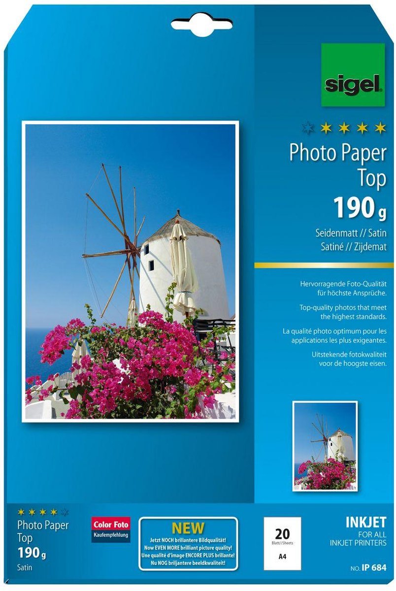 Sigel inkjet fotopapier - top - a4 - zijdemat - eenzijdig - 190 grams - 20 vel - si-ip684