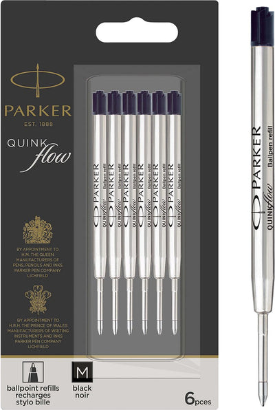 Recambios para bolígrafo Parker | punta media (1,0 mm) | tinta quinflow negra | 6 piezas