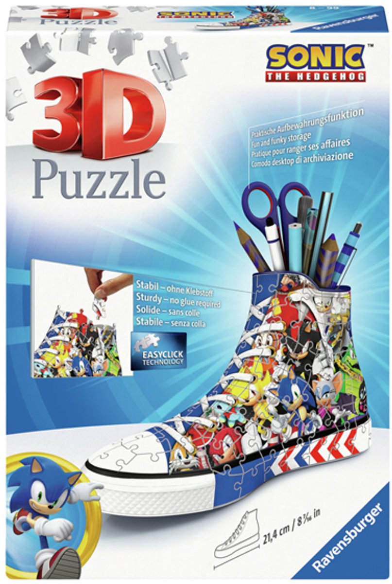 Ravensburger 3d puzzel pennenbak sonic the hedgehog sneaker 108 stukjes.