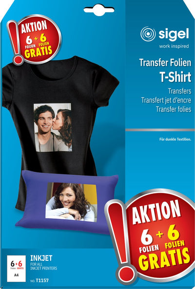 Pellicola di trasferimento per getto d'inchiostro Sigel - A4 - vuota - 6 fogli + 6 fogli gratuiti - per tessuti per abbigliamento scuri - si-t1157