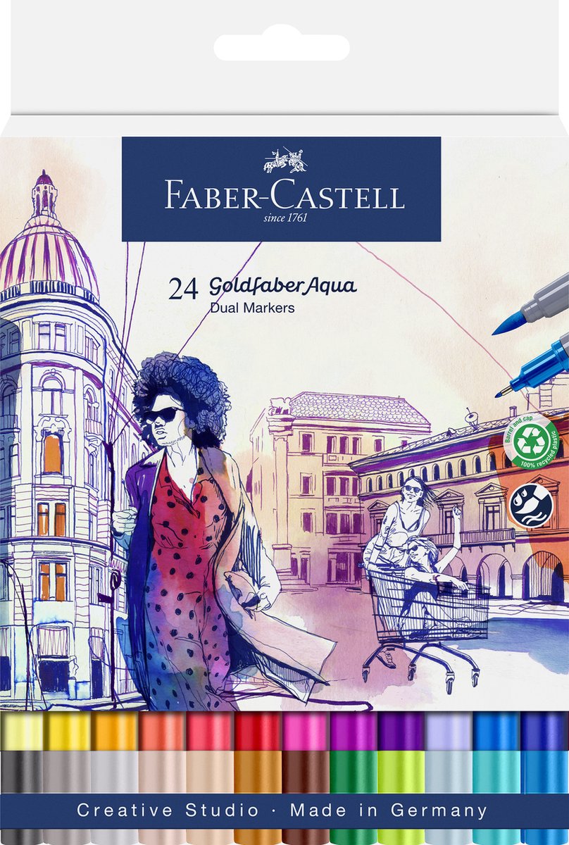 Faber-castell - pennarello acquerellabile duo - goldfaber - custodia 24 pezzi - pennello 0,6 mm - fc-164624