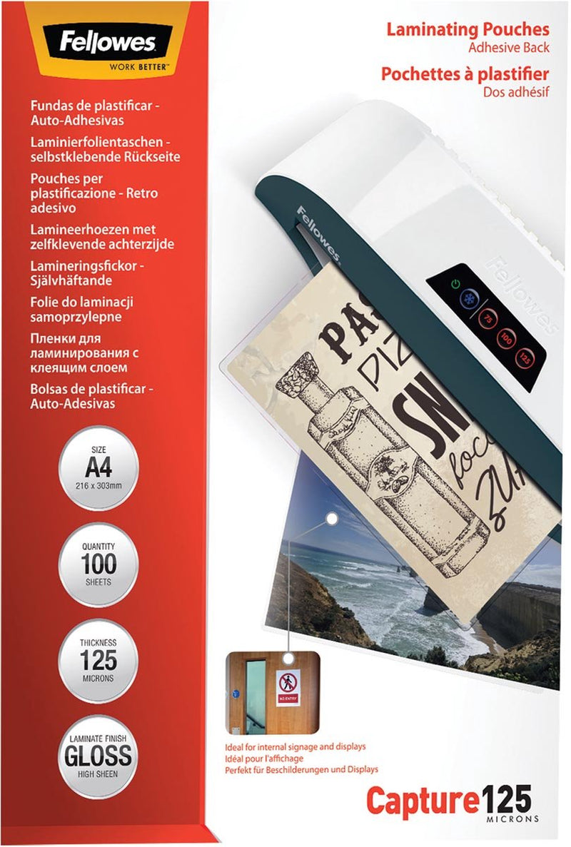 Buste per laminazione Fellowes A4 125 micron autoadesive, 100 pezzi