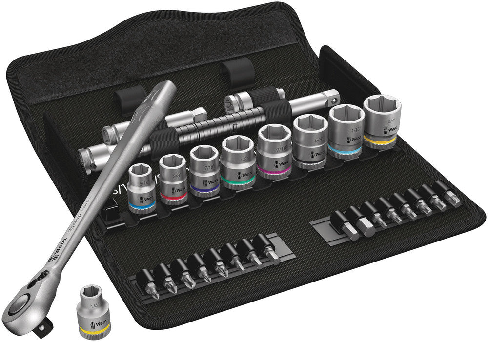 Wera 8100 sb 11 zyklop metalen ratelset, 3 8 gereedschapsset (zwart groen, 29-delig, volledig metalen ratel met vierkantaandrijving)