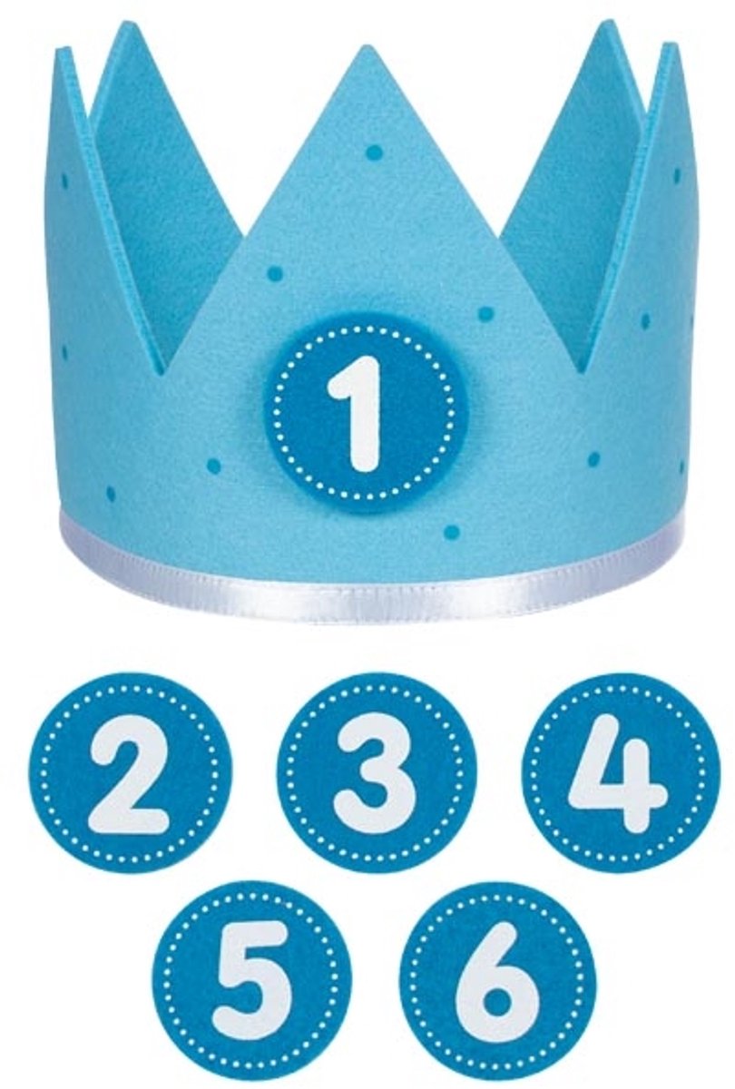 Corona de cumpleaños Goki azul l59,5cm, con números intercambiables del 1 al 6, fieltro, 1+
