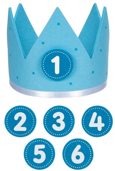 Corona de cumpleaños Goki azul l59,5cm, con números intercambiables del 1 al 6, fieltro, 1+