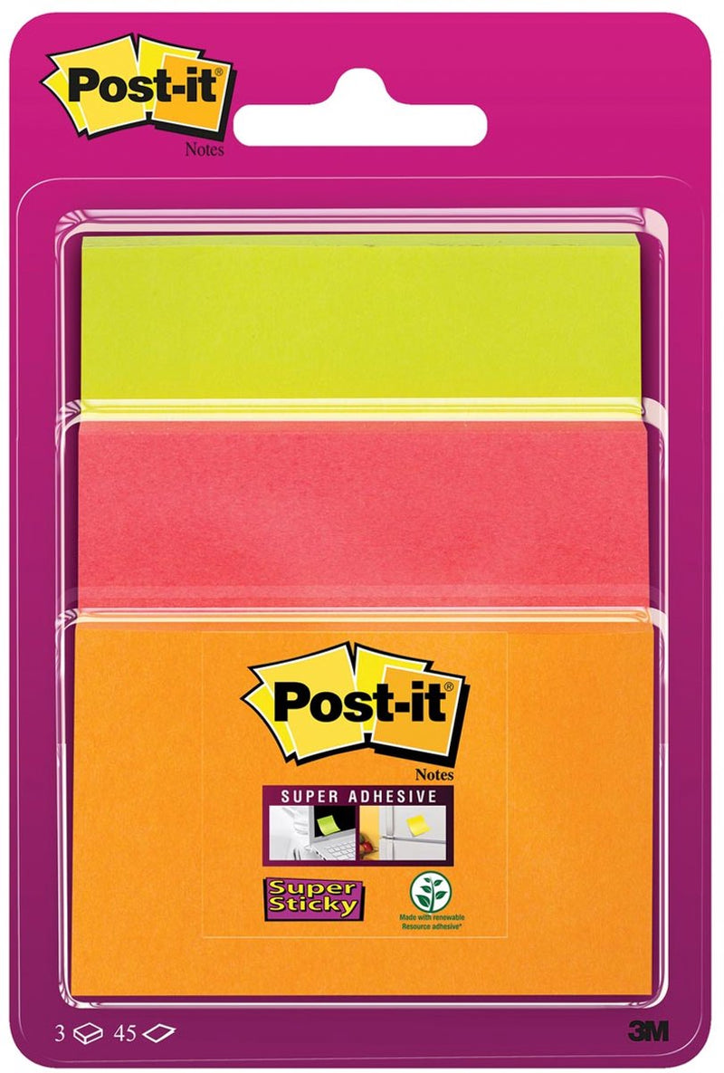 Post-it® super adesivi, colorati, varie dimensioni 1 blocco: 47,6 mm x 76 mm 1 blocco: 76 mm x 76 mm 1 blocco: 76 mm x 101 mm, arancione neon, rosa neon, verde neon, 3 blocchi