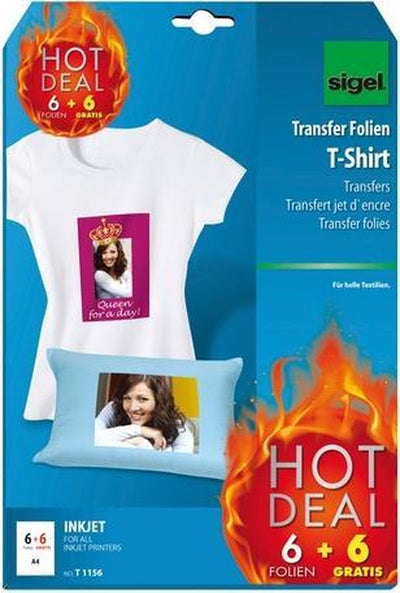 Pellicola transfer Sigel inkjet - a4 - vuota - 6 fogli + 6 fogli gratuiti - per tessuti leggeri per abbigliamento - si-t1156