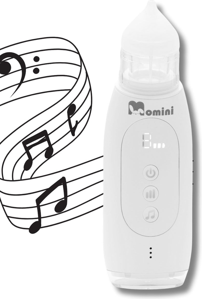 Pulitore nasale automatico Momini breezy - aspiratore nasale per bambini - autopulente - funzione musica - resistente all'acqua ipx6 - bianco