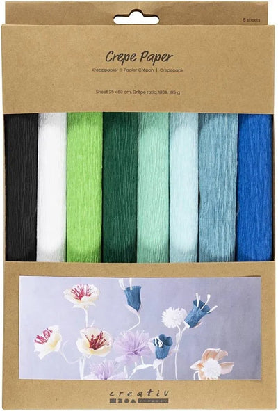 Carta crespa Creative Company, foglio 25x60 cm, rapporto crespata: 180%, 105 gr, armonia verde blu, 8 fogli 1 scatola