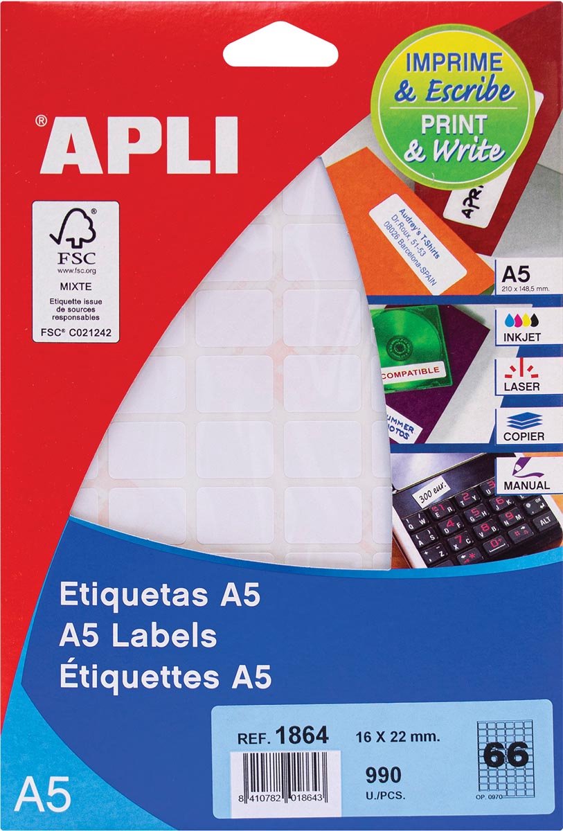Apli etichette bianche stampa scrittura ft 16 x 22 mm (l x a), 990 pezzi, 66 per foglio (1864)