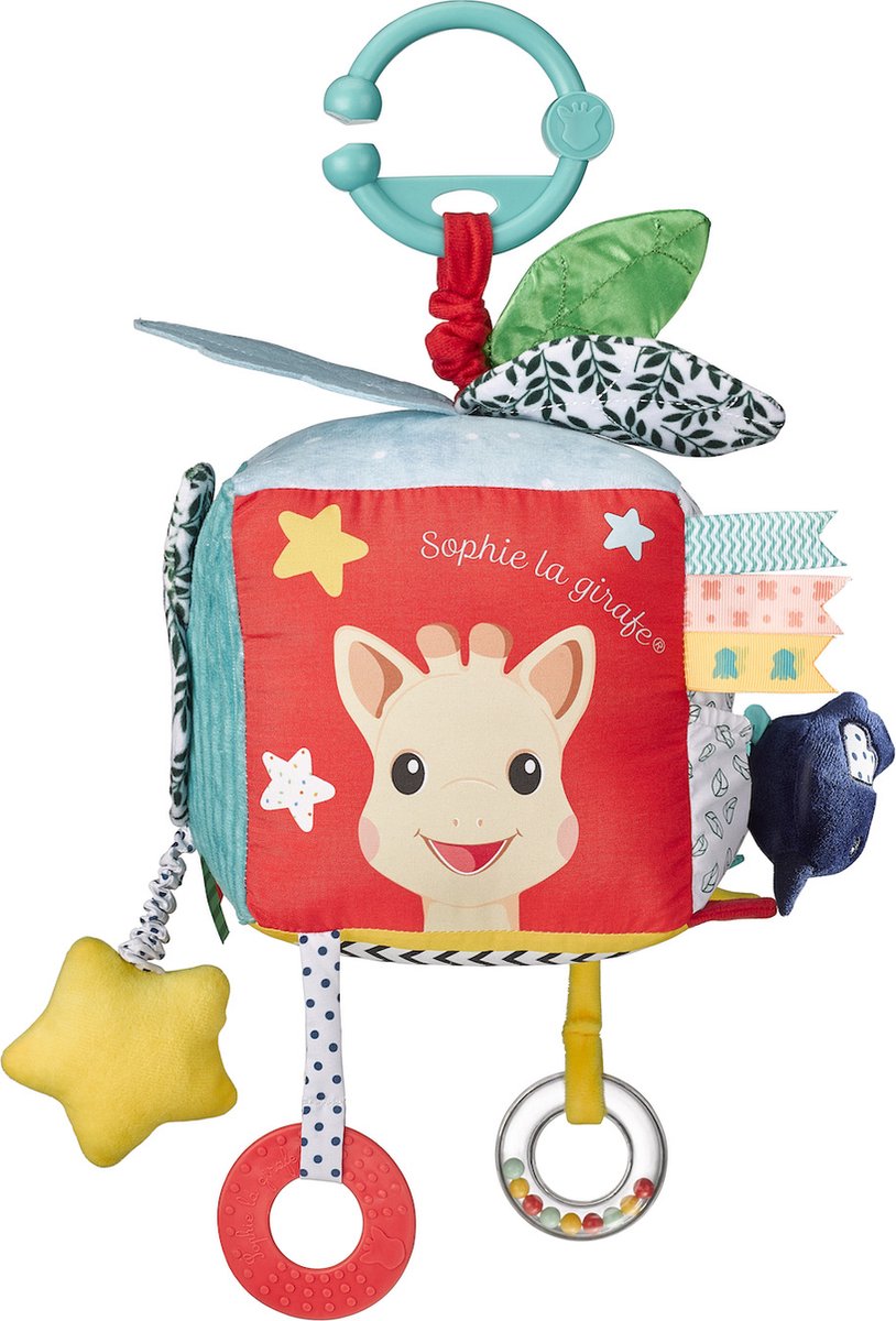 Cubo attività Sophie la giraffa - box mobile - giocattolo per bambini - con anello per appenderlo - da 0 mesi - 15x15x15 cm - multicolore