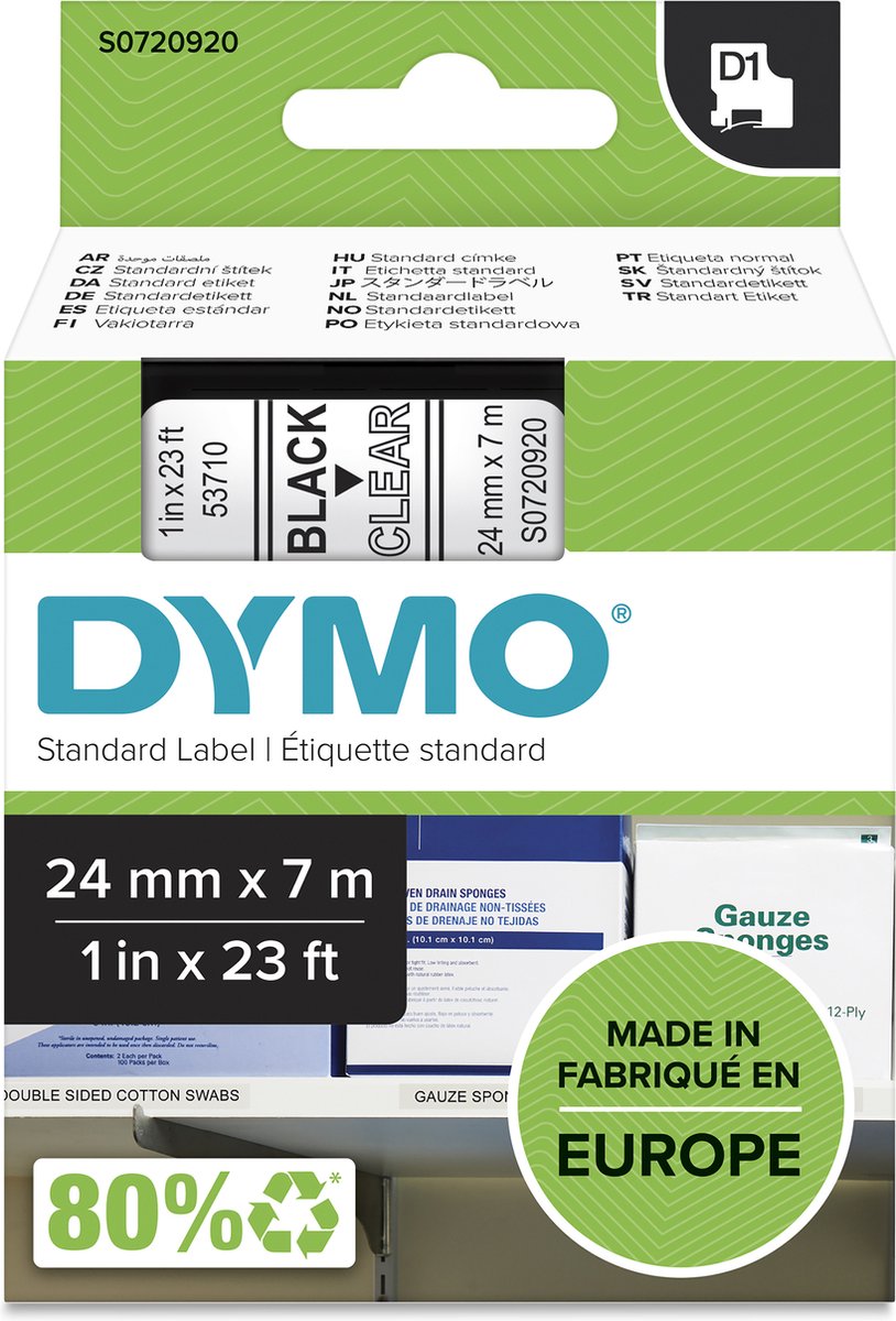 Etichette Dymo originali d1 | testo nero su etichetta trasparente | 24 mm x 7 m | etichette autoadesive per la stampante per etichette Label Manager | prodotto in Europa