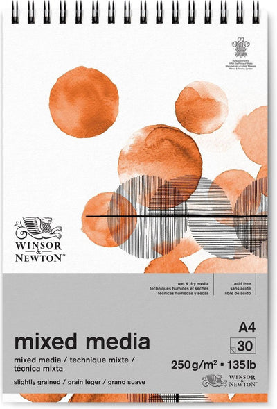 Winsor Newton 6694002 mixed media pad – 250g m², 30 sheets A4, spiral binding, for oil paint, acrylic paint and watercolor - mixed media block