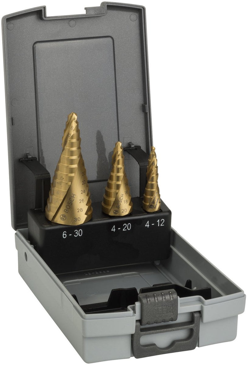 Juego de brocas escalonadas Bosch hss-lata, 3 piezas. 4-12 4-20 6-30 - 2608587...