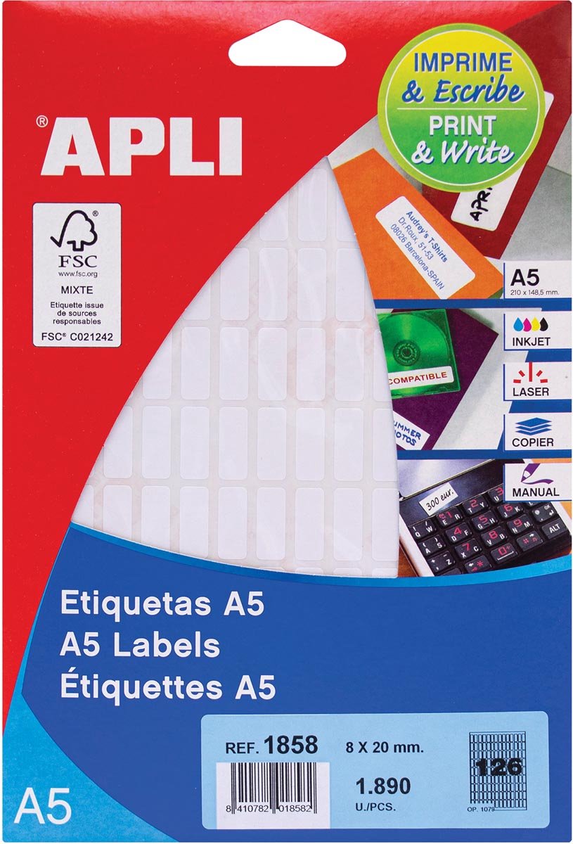 Apli witte etiketten print write ft 8 x 20 mm (b x h), 1.890 stuks, 126 per blad (1858)