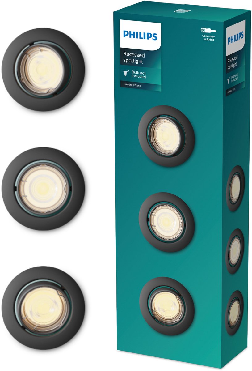 Philips led philips peridot inbouwspot - gu10 fitting - zwart - rond - richtbare spot - 3-pack