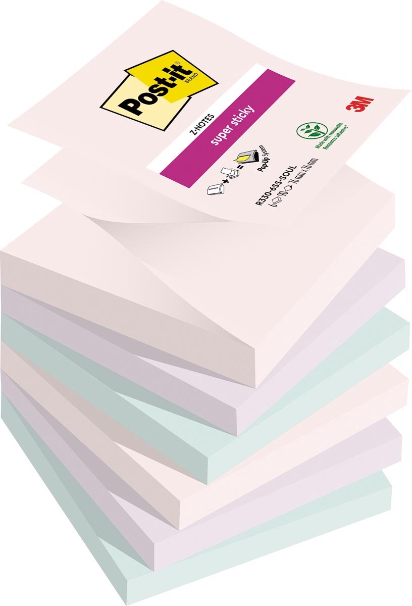 Post-it - super sticky z-notes soulful | 90 vel | ft 76 x 76 mm | geassorteerde kleuren | pak van 6 blokken