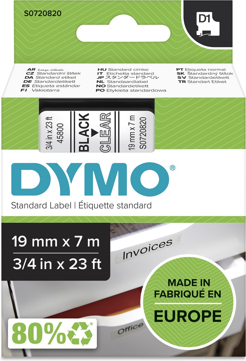 Etichette Dymo originali d1 | testo nero su etichetta trasparente | 19 mm x 7 m | etichette autoadesive per la stampante per etichette Label Manager | prodotto in Europa