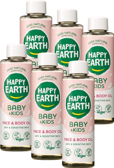 Happy earth bundle face and body oil baby kids - 100% natural - microplastic free - baby care - with vegetable skin softener - suitable for newborns - 6 x 150ml - value pack